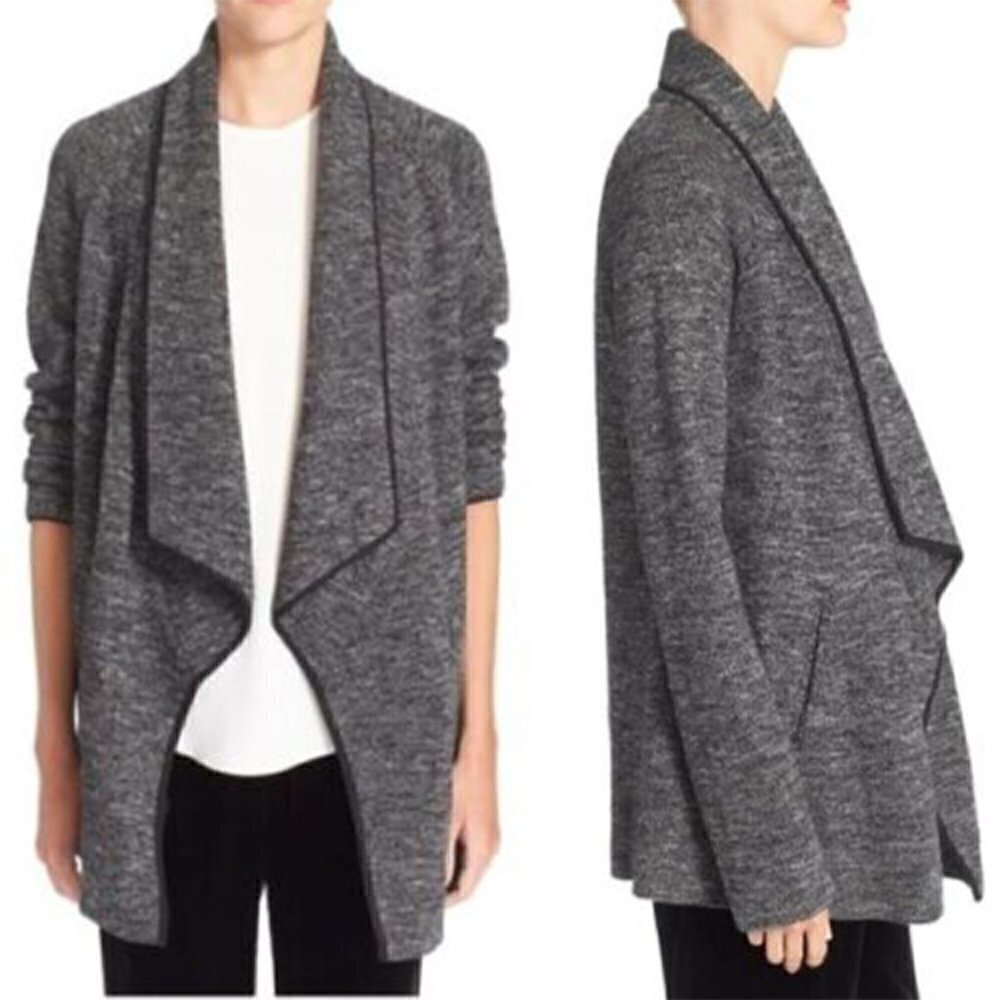 SALE Theory Carileen Westade Waterfall Cardigan Sweater Jacket Black Gray Marl L
